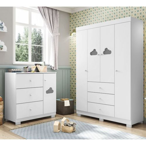 Quarto Infantil Guarda-Roupa 4 Portas e Cômoda 3 Gavetas 100% MDF Ane Branco Branco