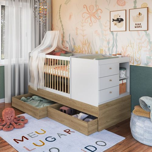 Berço Cama Multifuncional com 2 Gavetões Malu Aveiro Oak/Branco Berço Cama Multifuncional com 2 Gavetões Malu Aveiro Oak/Branco