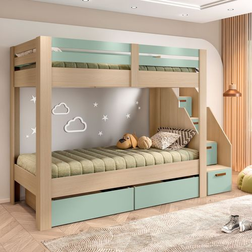Beliche Infantil/juvenil 2 Gavetões Escada com 4 Gavetas Star Plus Casatema Amêndoa Imperial / Verde Mar