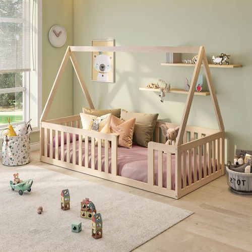 Cama Montessoriana Solteiro com Grade e Telhado Giulia Casatema Natural/Bege