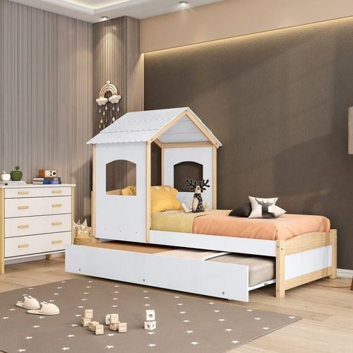 Bicama Infantil Solteiro Madeira Maciça/mdf com Telhado Casinha Casatema Branca/Natural