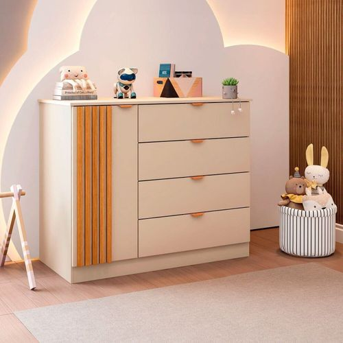 906157 Cômoda Infantil 100% MDF 4 Gavetas 1 Porta Ripado Ayla Off White Off White