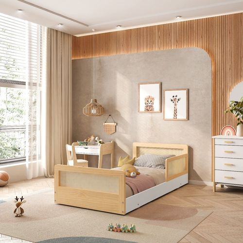 Cama Infantil Solteiro Montessoriano Lift com Rattan 1 Grade Casatema Branco/Natural