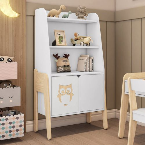 Estante Infantil 3 Prateleiras e 2 Portas Corujinha Casatema Branco/Natural