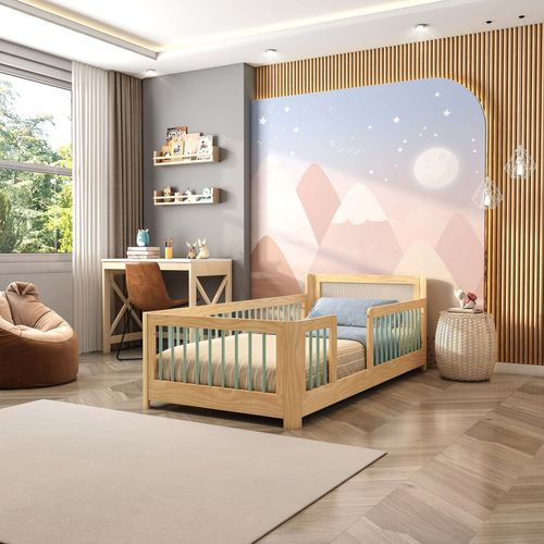 Cama Infantil Solteiro Montessoriano Wave com Rattan Casatema Natural/Verde