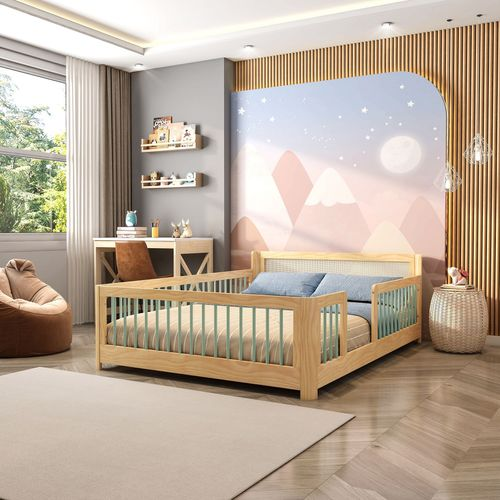 Cama Infantil Casal Montessoriano Wave com Rattan Casatema Natural/Verde