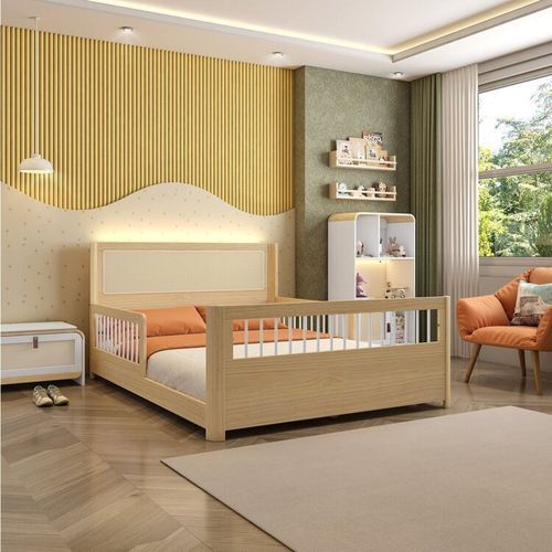 Cama Casal Montessoriana Evolutiva Led com Rattan, Grade em Palitos Wave Casatema Natural