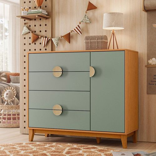 Cômoda Infantil 4 Gavetas e 1 Porta Kid em MDF Cinamomo / Sálvia