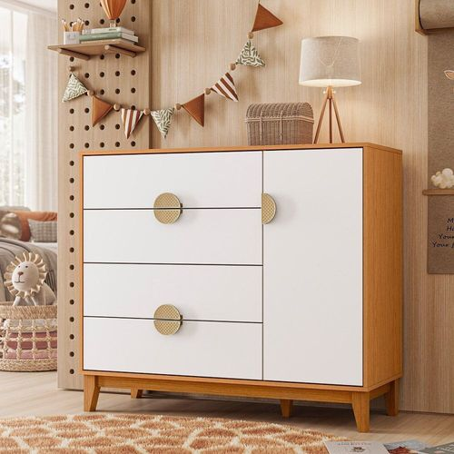 Cômoda Infantil 4 Gavetas e 1 Porta Kid em MDF Cinamomo/Branco