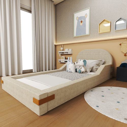 Cama Montessoriana Solteiro Infantil Almofadada Mavi Bege/Caramelo