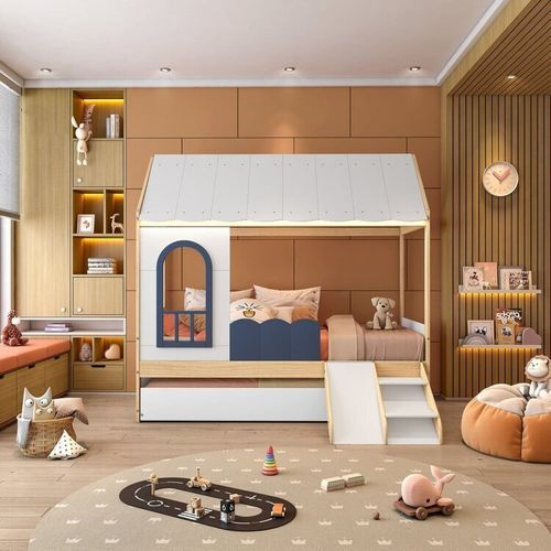 Bicama Infantil Casinha com Led, Janela e Escadinha New Garden Casatema Branco/Azul
