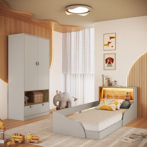 Quarto Infantil com Cama Solteiro Montessoriana com Iluminação Led e Guarda-roupas Lille Arenas