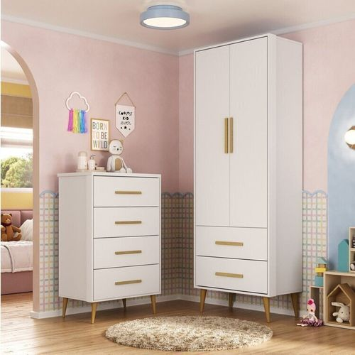 Quarto Infantil Completo Guarda-roupa 2 Portas 2 Gavetas com Cômoda Magia Espresso Móveis Branco