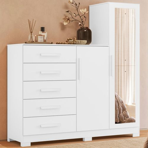 Cômoda para Quarto 5 Gavetas e 2 Portas com Espelho New Master Branco