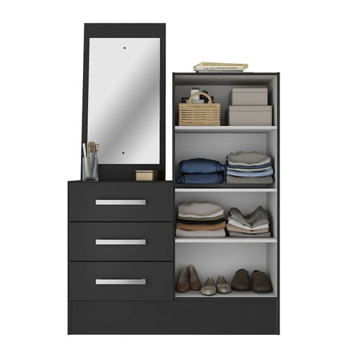 Cômoda para Quarto 3 Gavetas 2 Portas com Espelho Dunas Preto Yescasa Preto