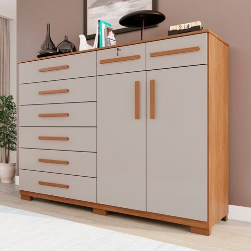 Cômoda para Quarto 2 Portas 8 Gavetas Esmeralda Expresso Móveis Cinamomo / Off White