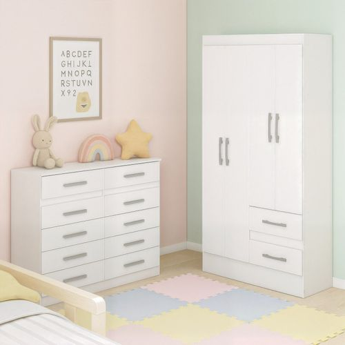 Quarto Infantil com Cômoda 10 Gavetas e Guarda-Roupa 4 Portas e 2 Gavetas Ninho Branco