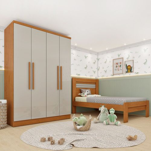 Conjunto Infantil com Guarda Roupa e Cama 100% MDF Harmonia Espresso Móveis Cinamomo / Off White