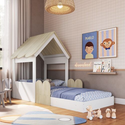Cama Infantil Montessoriana com Casinha Infanto Branco/Carvalho Araguaia