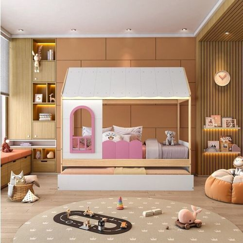 Bicama Infantil Casinha com Led e Janela New Garden Casatema Rosa/Natural