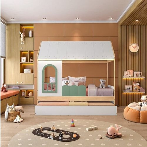 Bicama Infantil Casinha com Led e Janela New Garden Casatema Verde/Natural