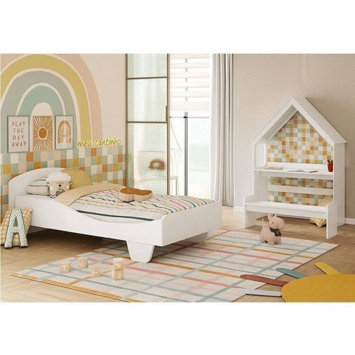 Quarto Infantil com Cama Mesa Casinha e Banco Olívia 100% Mdf Espresso Móveis Branco Brilho