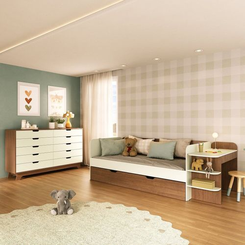 Quarto Infantil Cama de Solteiro 3 em 1 e Cômoda 10 Gavetas em Mdf Premium Helena e Alice Off White/ Castanho