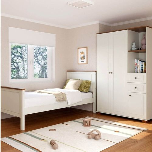 Quarto Juvenil Funcional Cama Solteiro e Guarda Roupa Ananda Casatema Off White/Mel