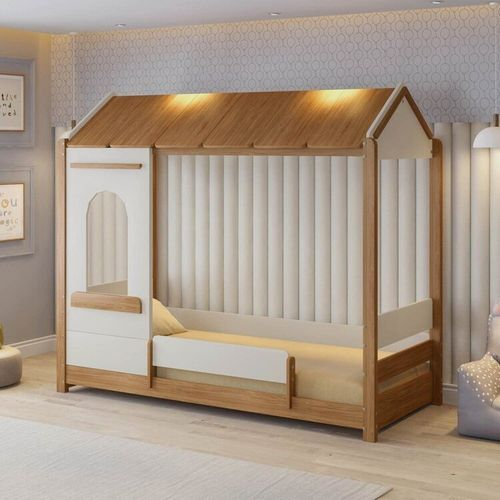 Cama Casinha Solteiro Reversível com Grade e Janela de Led Aria Casatema Nogueira/Branco