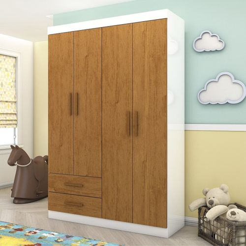 Guarda-roupa 4 Portas 2 Gavetas Infantil Perola Branco/Cinamomo