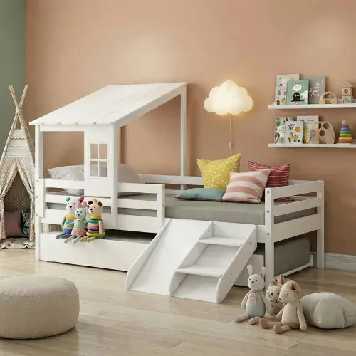 Bicama Solteiro Infantil Prime Telhadinho II e Escadinha/Escorrega Casatema Branco
