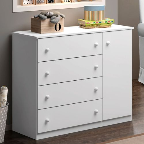 Cômoda Infantil 100% MDF 4 Gavetas e 1 Porta com Cabideiro Elisa Branca Branco