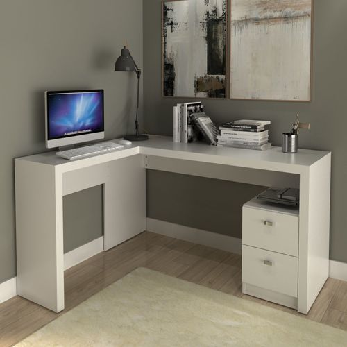 Escrivaninha Mesa Escritório em L com ME4129 2 Gavetas 135,8cm Branca Branca