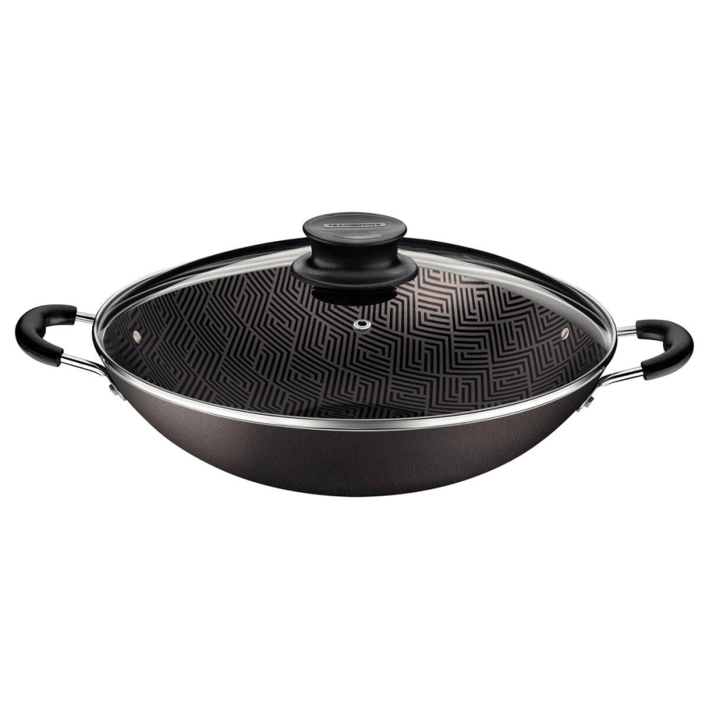 Wok Tramontina Paris 36cm Em Alumínio Com Revestimento Antiaderente Chumbo E Tampa De Vidro Wok Tramontina Paris 36cm Em Alumínio Com Revestimento Antiaderente Chumbo E Tampa De Vidro