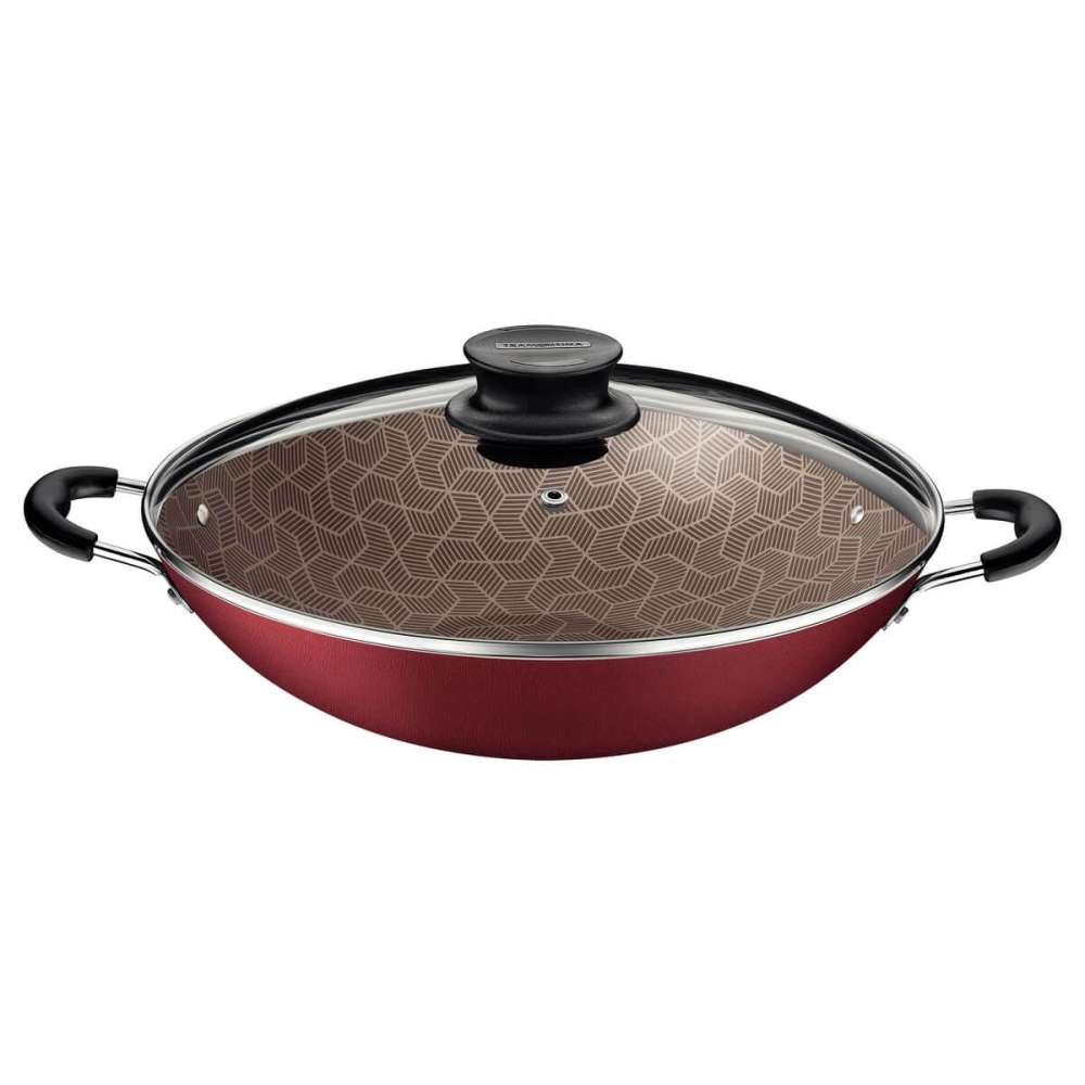 Wok Tramontina Paris 36cm Em Alumínio Com Revestimento Antiaderente Vermelha E Tampa De Vidro Wok Tramontina Paris 36cm Em Alumínio Com Revestimento Antiaderente Vermelha E Tampa De Vidro