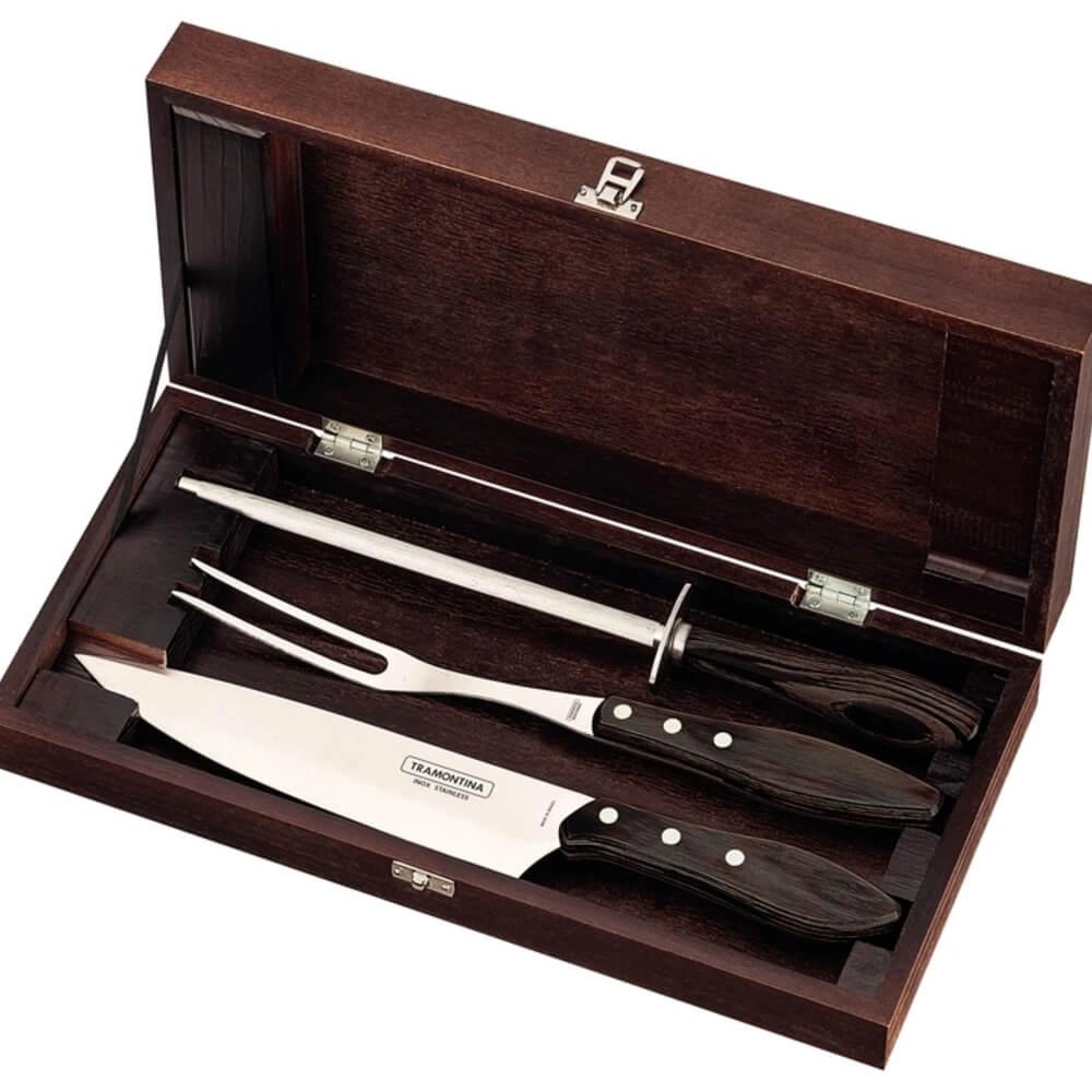 Jogo De Churrasco Tramontina Polywood Castanho E Estojo 4 Peças