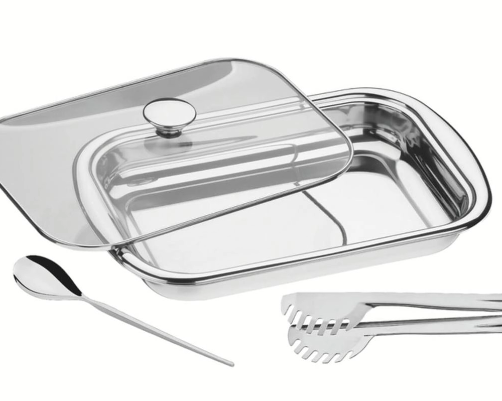 Jogo Para Assar E Servir Tramontina Cosmos Aço Inox E Tampa De Vidro 3 Peças Jogo Para Assar E Servir Tramontina Cosmos Aço Inox E Tampa De Vidro 3 Peças