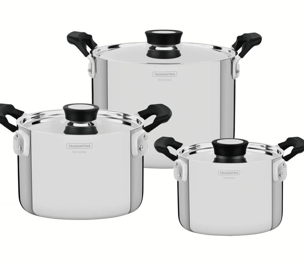 Jogo De Panelas Tramontina Grano Compact Aço Inox Corpo Triplo E Silicone Preto 3 Peças Jogo De Panelas Tramontina Grano Compact Aço Inox Corpo Triplo E Silicone Preto 3 Peças
