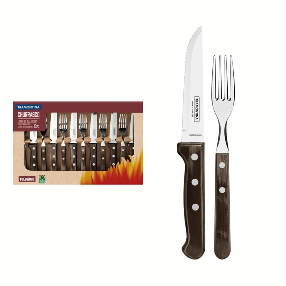 Jogo De Churrasco Jumbo Em Inox Tramontina Polywood Castanho 12 Peças Jogo De Churrasco Jumbo Em Inox Tramontina Polywood Castanho 12 Peças