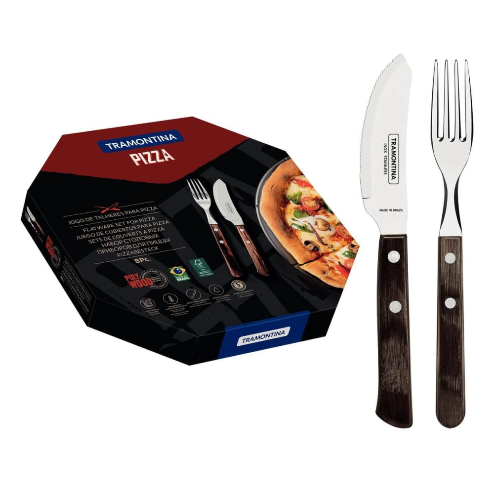 Jogo De Talheres Para Pizza Tramontina Em Inox E Cabo De Madeira Polywood Castanho 08 Peças Jogo De Talheres Para Pizza Tramontina Em Inox E Cabo De Madeira Polywood Castanho 08 Peças