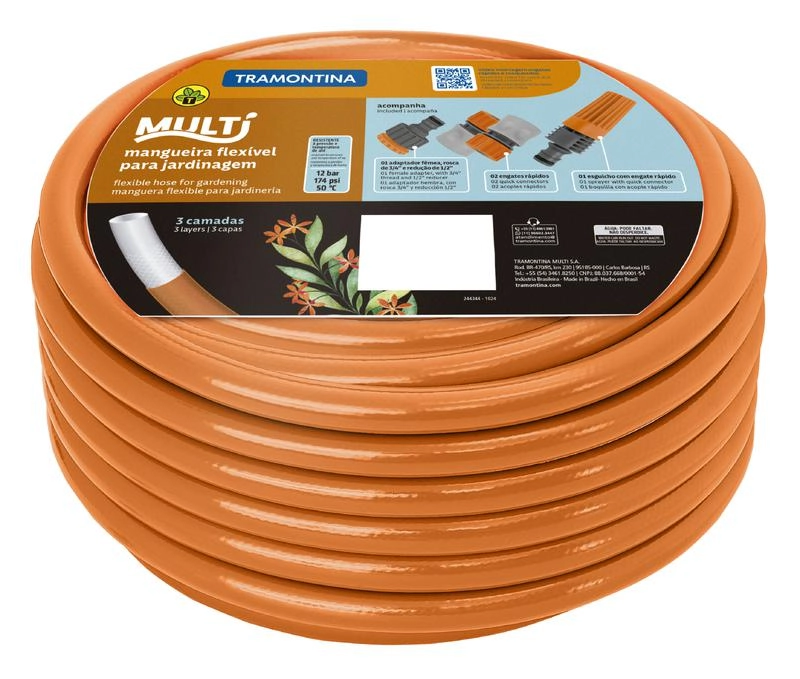Mangueira Multi 1/2" Tramontina Em PVC Laranja 3 Camadas 30m Com Engates Rápidos E Esguicho