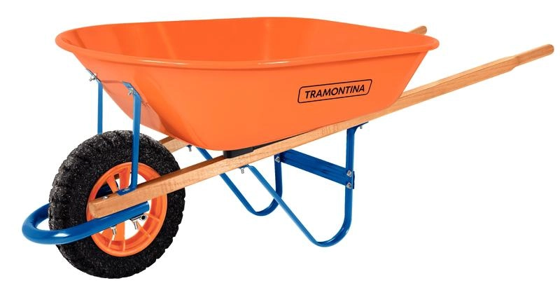 Carrinho De Mão Tramontina Com Caçamba Extrafunda Metálica Laranja 80 Litros Braço De Madeira E Pneu Maciço