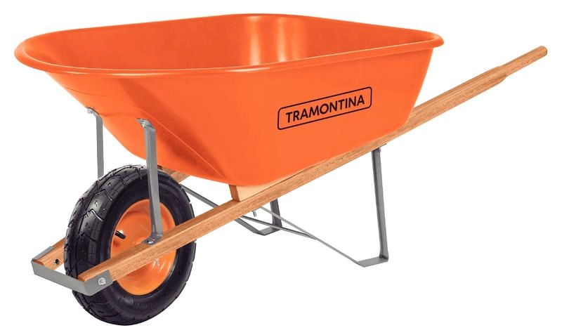 Carrinho De Mão Tramontina Com Caçamba Extrafunda Plástica Laranja 110 Litros Braço De Madeira