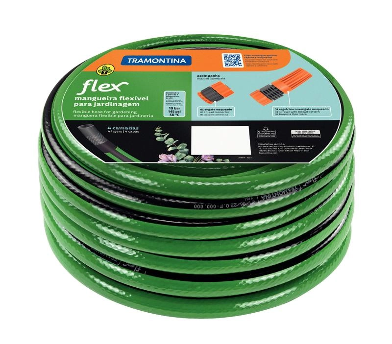 Mangueira Flex Para Jardim Tramontina Em PVC Verde Com Faixa Preta 4 Camadas 30m Engate Rosqueado E Esguicho