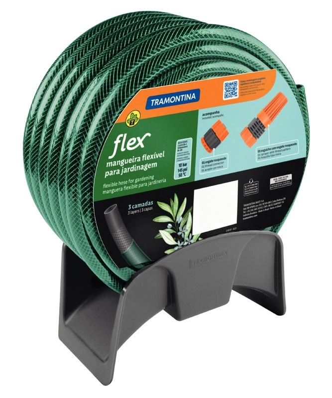 Mangueira Flex Tramontina Em PVC Verde 3 Camadas 25m Com Engate Rosqueado, Esguicho E Suporte