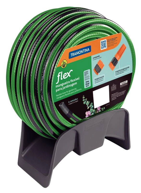 Mangueira Flex Tramontina Em PVC Verde Com Faixa Preta 4 Camadas 15m Engate Rosqueado, Esguicho E Suporte