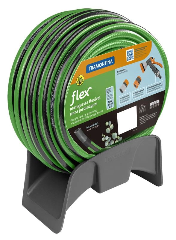 Mangueira Flex Tramontina Em PVC Verde Com Faixa Preta 4 Camadas 15m Com Hidropistola E Acessórios