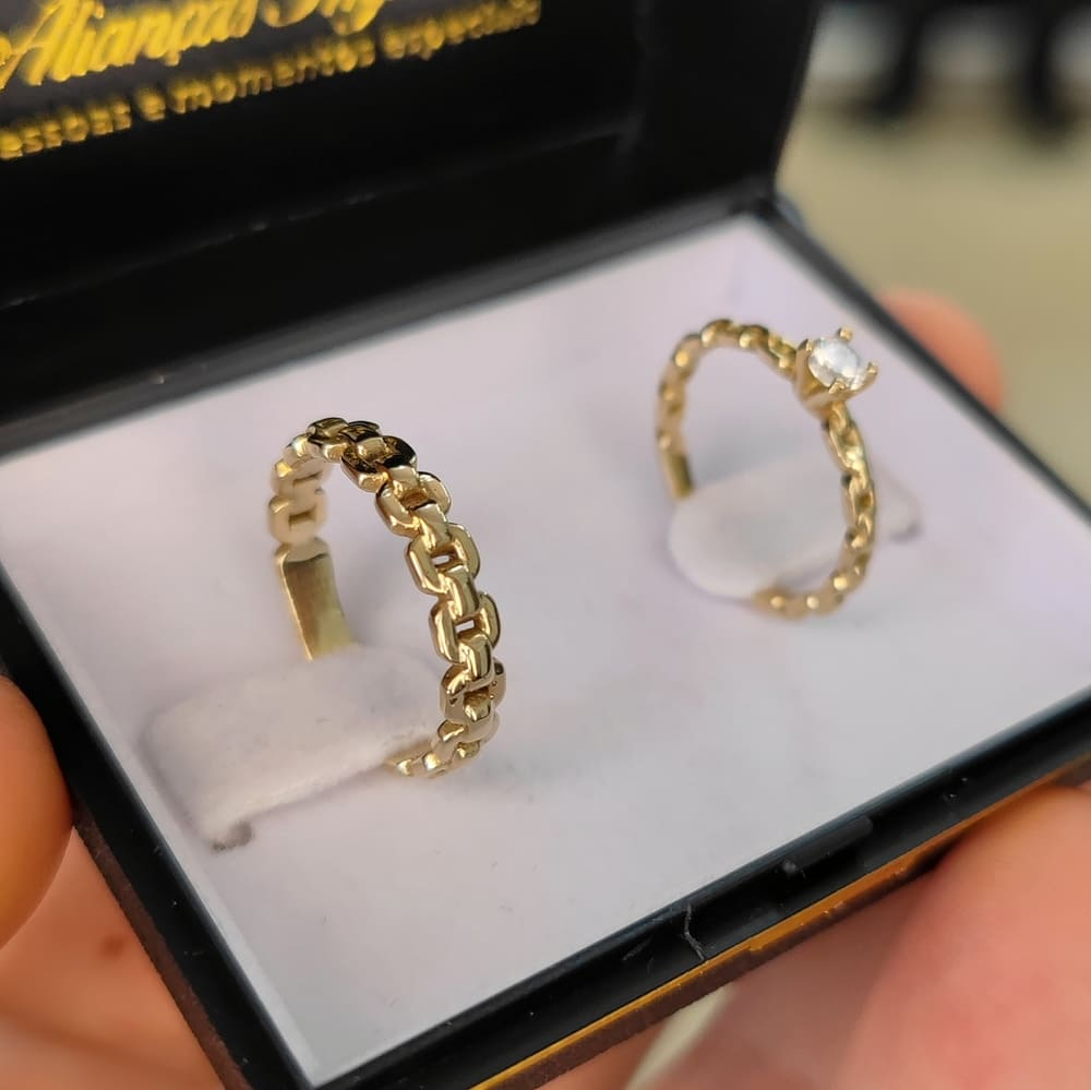 Par Aneis de Moeda Antiga com Zircônia Mod. Orion Masculino + Feminino