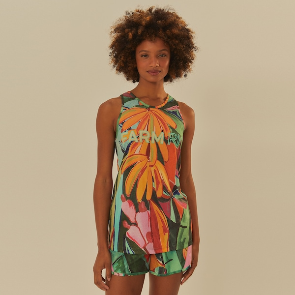 Camiseta Regata Feminina Farm Dry Fit Folhagem de Banana Camiseta Regata Feminina Farm Dry Fit Folhagem de Banana