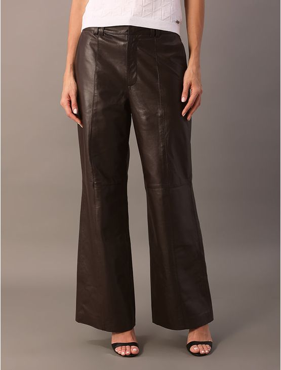 Calça Reta Feminina de Couro - Marrom Calça Reta Feminina de Couro Marrom 40